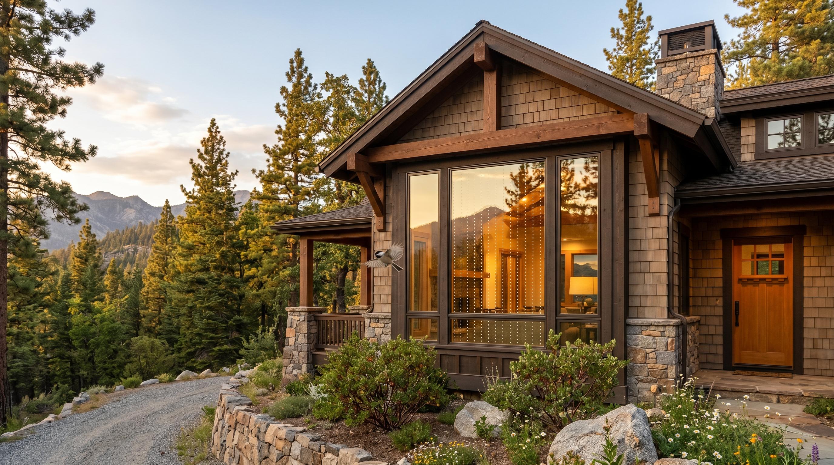 Sierra foothill home with bird-safe UV dot pattern on a large picture window at golden hour, songbird flying safely past