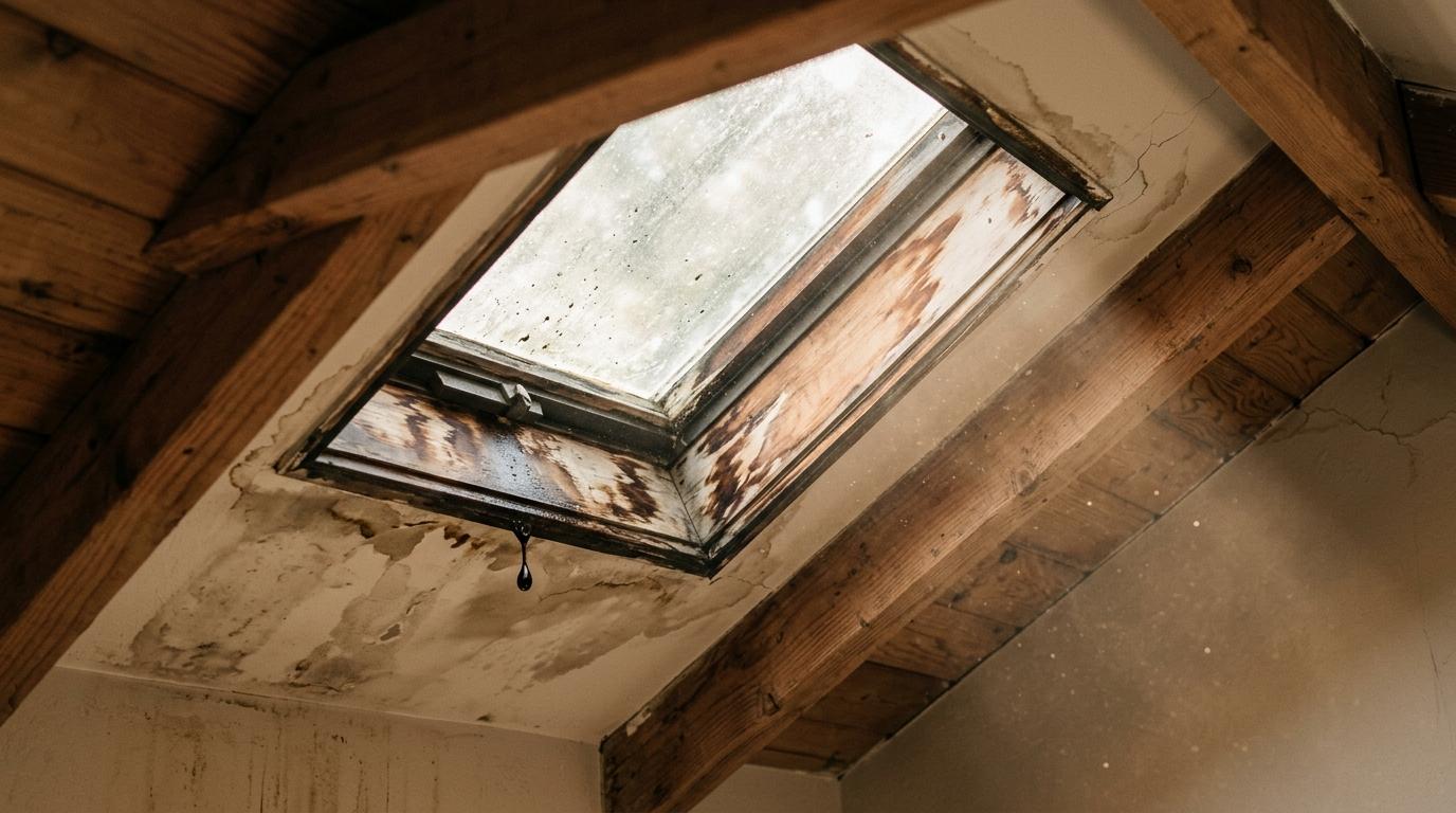 Water staining and a small drip around an interior skylight frame in a Sierra Foothills home