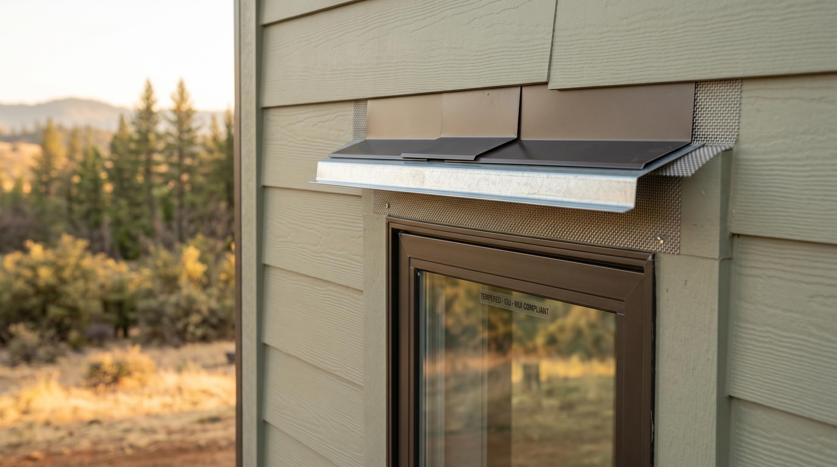 Chapter 7A compliant window-to-siding interface with metal head flashing, fiber cement lap siding, and stainless ember screens on a Colfax WUI zone home